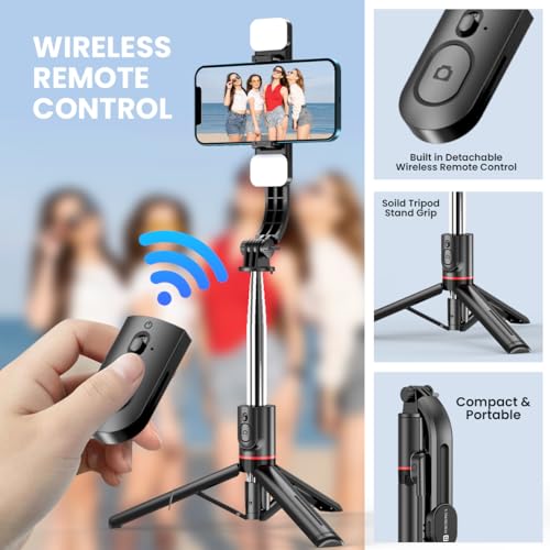 Image of Portronics Lumistick Smart Selfie Stick with 360 Degree Rotation, Bluetooth v5.3, 1160mm Extension Rod, 3 Light Modes for iPhone /Mi /OnePlus /Samsung /Oppo /Vivo and All Phones(Black)