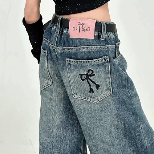 Baggy Jeans for Girls Embroidered Bow High Waist Wide Leg Pants Y2K Streetwear Cute Jeans for Girls Distressed Washed Casual2