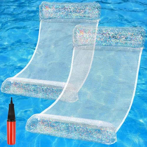 LOMIMOS 2PCS Matelas Gonflable Piscine avec Paillette, Coussin d’air sur l’Eau, Hamac Flottant avec Filet, Bouee Piscine Transparente