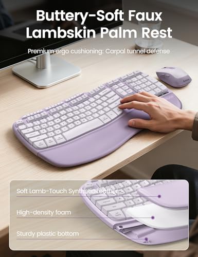 Image of Purple MA31 Ergonomic Wireless Keyboard and Mouse Combo, Full Size Wave Key | Memory Foam Leather Wrist Rest, Stable 2.4GHz Wireless, 6-Button Mouse, USB-A /USB-C Adapter for Office Computer Laptop Tablet