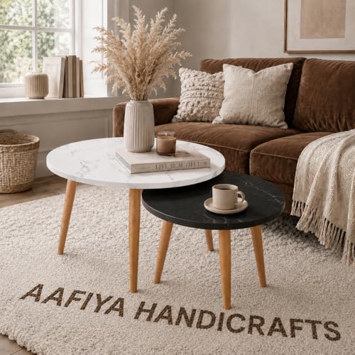 Image of Round Nesting Coffee Table Set of 2, Marble Finish Top, Wooden Legs, for Living Room (White)