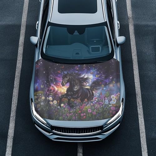 Image of Car Hood Cover Protector 59x39 Inch Waterproof Sun-Proof Auto Hood Flag Horse and Flower Universal Automotive Exterior Accessories for Most SUV Sedans Trucks