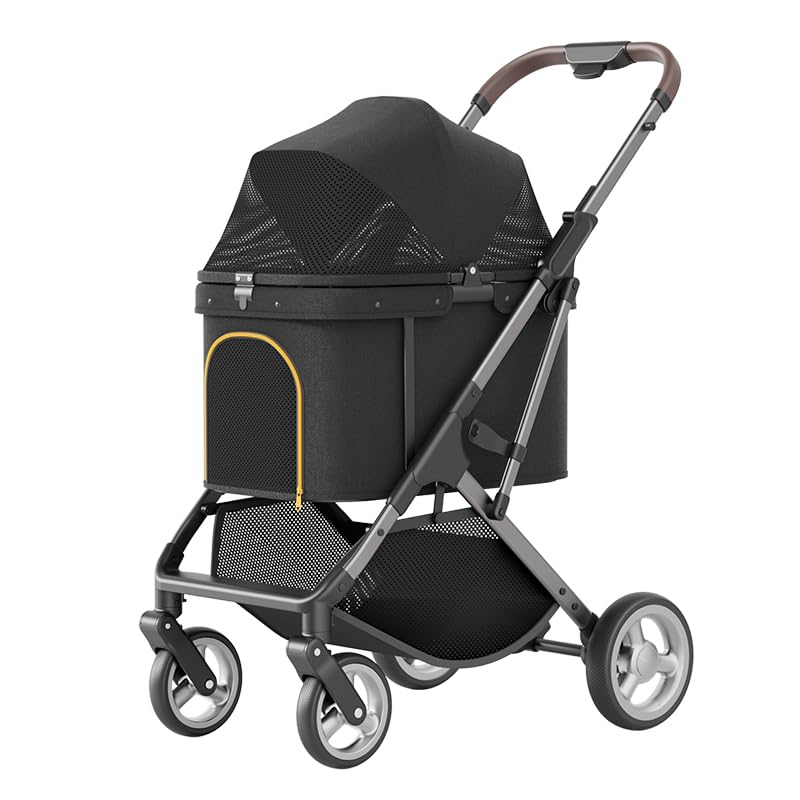 Foldable Pet Stroller 4-Wheel for Dogs and Cats (Black) | Detachable Carrier, Breathable Mesh Canopy, All Terrain Wheels, Lightweight Aluminum Frame, One-Click Fold