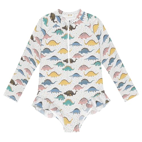 Cute Dinosaur Girls Long Sleeve Rashguard Swimsuit UV Protection One-Piece Swimwear Bathing Suit B0404099
