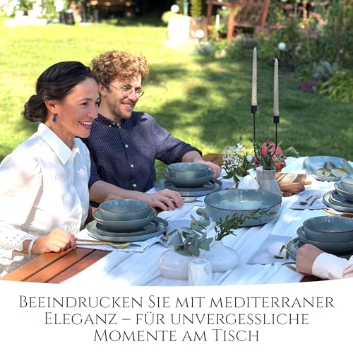 Steingut Geschirrset 6 Personen Rustic 24 tlg. TESTSIEGER, Hochwertiges Landhaussttil Steingut Geschirr Set, Schüssel- und Teller Set, Tafelservice 6 Personen, Geschirrsets Pure Living in Rauchblau