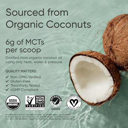 Image of Sports Research Organic Coconut MCT Oil Powder, Unflavored (10.6oz) | Keto & Vegan MCTs C8, C10 from Coconut Oil - Fatty Acid Brain & Body Fuel* | Great in Coffee & Protein Shakes - 30 Servings