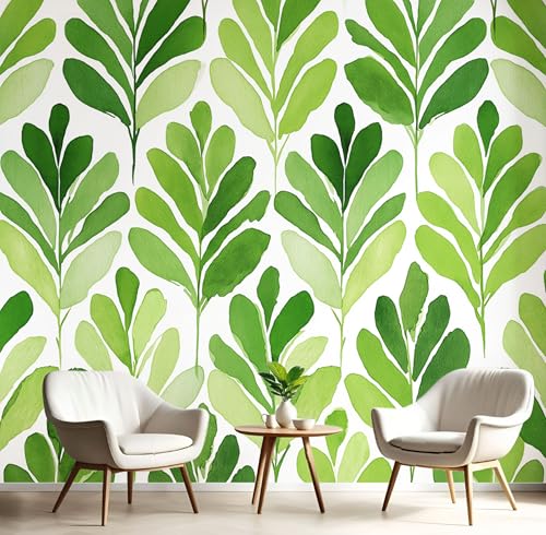 Papel Pintado 300x210cm Fotográfico Hojas De Acuarela Papel de Pared XXL Ilustraciones Dibujadas A Mano Póster Gigante de Mural Decoración De Pared para Sala Cuarto Oficina Salón, Verde