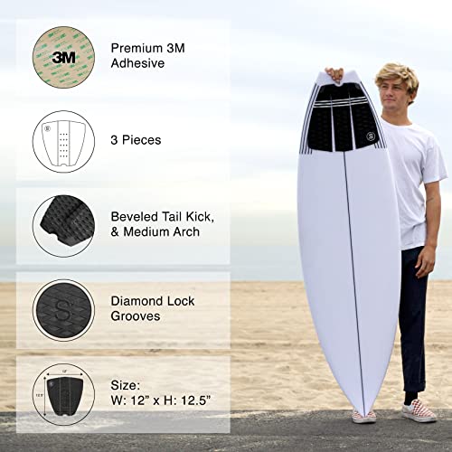 Sympl Premium Surfboard Traction Pad, 3 Piece Deck Pad Full Size Coverage For Surfing, Skimboarding, With Maximum Grip Using 3M Adhesive, Degreed Arch Support, Fits Fish, Square, Swallow, Round Tail #TOP2