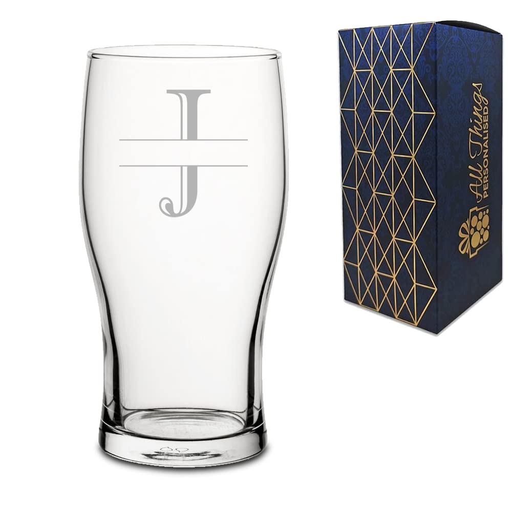 Personalised Engraved Novelty Initial and Name Pint Glass, Letter J, Personalise with Any Name, Gift Boxed, Perfect for Any Occasion