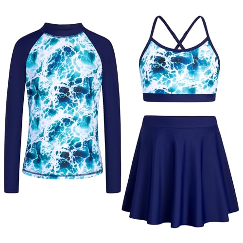 Seanrui Girls Swimsuit Long Sleeve Swim Shirt 3 Piece Rash Guard for Girls Bathing Suit with Boyshorts Dark Blue 9-10 Years