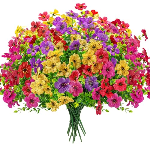 Der Rose 12 Bundles Artificial Flowers for Outdoors Fake Flowers Plants Spring Summer Decoration UV Resistant for Outside Home Porch Patio Garden Decor 12-colorful