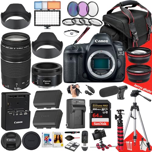 Canon EOS 5D Mark IV DSLR Camera with EF 50mm f/1.8 STM and EF 75-300mm f/4-5.6 III Lens + 64 GB Memory + Extra Battery + Battery Charger + Microphone + LED Light + More (42pc Bundle) (Renewed)