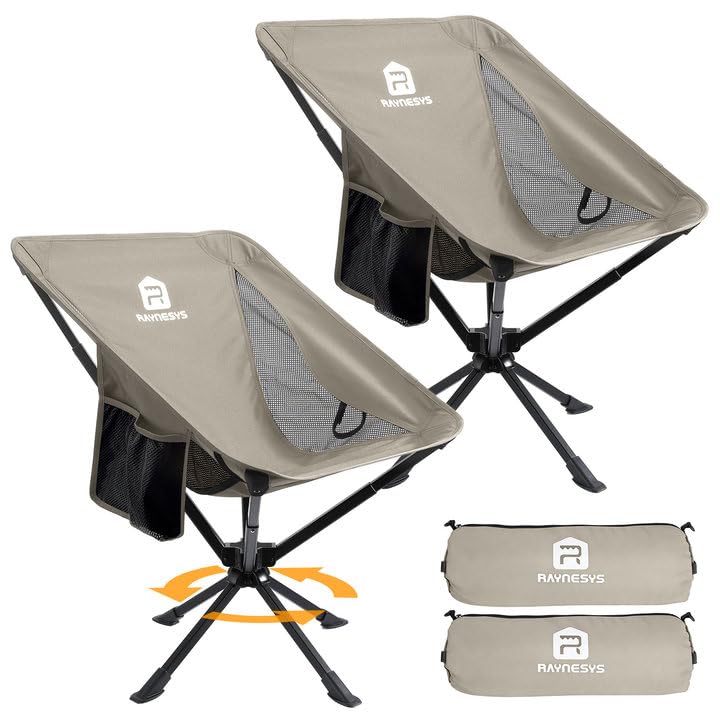 Image of Raynesys Portable Camping Chair 2 Pack, 8 Seconds Quick Setup Folding Camping Chair, Flexible 360 Rotation, 3.8Lb Lightweight Travel Chairs for Easy Carry to Hiking, Sporting, Beach, Khaki