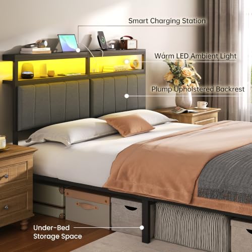 Queen Bed Frame with Storage Drawers and Charging Station, Grey - Image 4