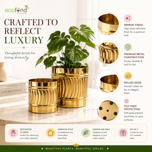 Image of ecofynd 2 Pack Metal Plant Pots (6 inch, 7 inch L), Indoor Small Planter Flower Pots, Home Garden Decor Planter for Living Room Bedroom Interior (Gold Finish, POT050)