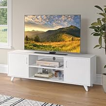 Panana TV Stand for 55 60 65 70 inch TV, Modern Mid Century Entertainment Center Media Console Table with 2 Doors 2 Shelves for Living Room, 63" x 15" x 21.6" White