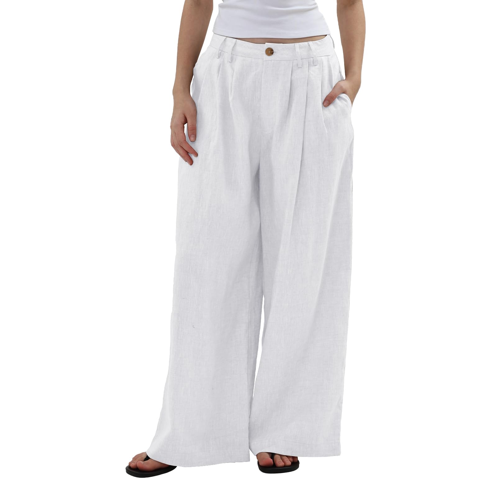 Amazhiyu Pantaloni da donna in puro lino, casual, a gamba larga, con tasche, vestibilità larga, pantaloni formali da lavoro