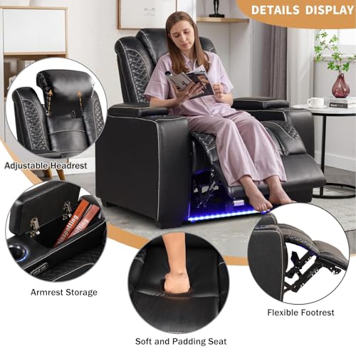 Image of ANJ Power Recliner Chairs Set of 5 for Adults, PU Leather Home Theater Seating with Adjustable Powered Headrest,LED,Storage,USB,Cup Holders,Black