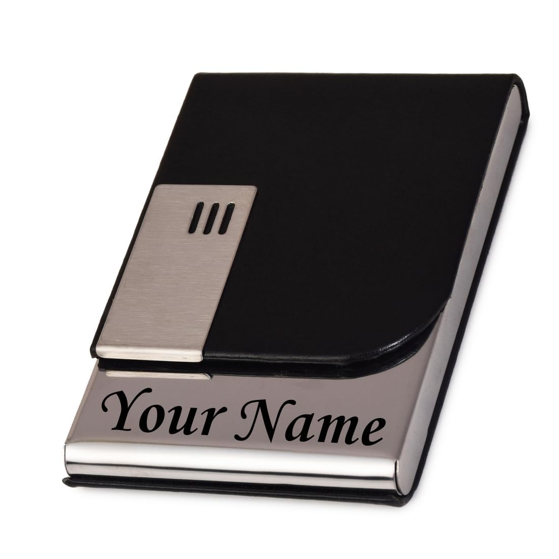 Mini2buy Customized Unisex Vertical Card Holder Name Engraved for Credit|Debit|ATM|Business Visiting RFID Blocking Stainless Steel (1 x 10 x 6 cm) Personal Corporate Gift (Black 1)