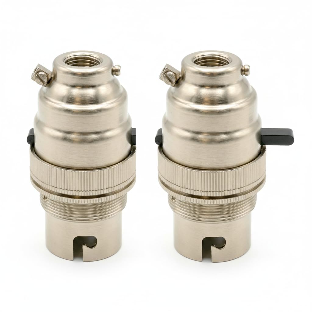 LEDSone Safety Switch Lamp Bulb Holder B22 BC Bayonet Shade Ring, 10mm/M10 x1 Bottom Entry, Brass, Child Safe Switch Push Bar Locks Off to Cut Power if lamp Bulb not Inserted UK (2PCS)