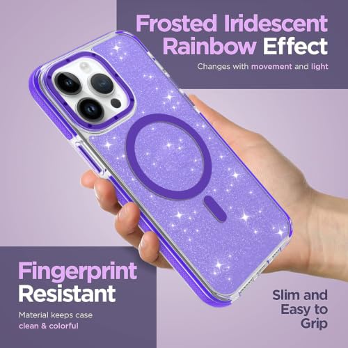 Image of Magnetic Case for iPhone 14 Pro Max [Compatible with Magsafe] [Bling Glitter Fluorescent Design] [1 Screen Protector] Slim Translucent Matte Case for iPhone 14 Pro Max 6.7 inch 2022, Purple