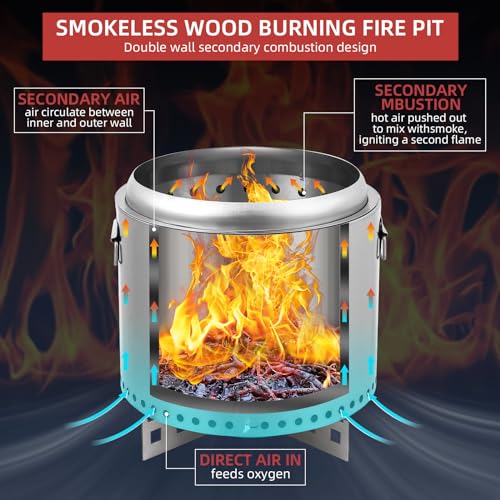 16.5" Smokeless Fire Pit, Portable Backyard Fire Pit with Handle, Wood Burning Stainless Steel Fire Pit with Poker and Removable Stand for Camping, Garden, Patio