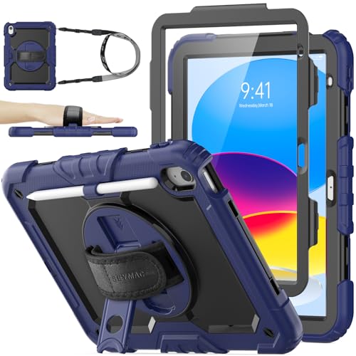 SEYMAC stock Case for iPad (A16) 11th/10th Generation 11''/10.9'' 2025/2022, Full-Body Drop Protection Case with Screen Protector &360° Rotate Hand Strap/Stand, Navy Blue