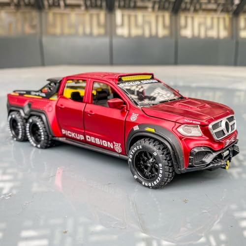 Image of 1:28 Pickup X-Class Model Car Diecast Zinc Alloy Pull Back Toy with Sound & Light Realistic Design Durable Kids Toy for Boys & Girls Collectible Gift 3+ Years (Red)