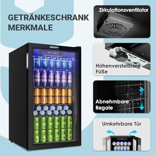 EUHOMY 90L Getränkekühlschrank, Mini-Kühlschrank für 126 Dosen mit Glastür, kleiner Kühlschrank mit verstellbaren Regalen für Limonade, Bier oder Wein, für Zuhause/Bar/Büro, Schwarz Edelstahl