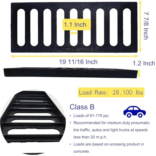 Image of Cast Iron Drain Grate, Driveway Channel Cover 20x8 in 3-Pack | B-Class Heavy-Duty Outdoor Trench Drainage, Black Rectangle Metal Sewer Cover for Garage, Yard, True 19.7x7.9