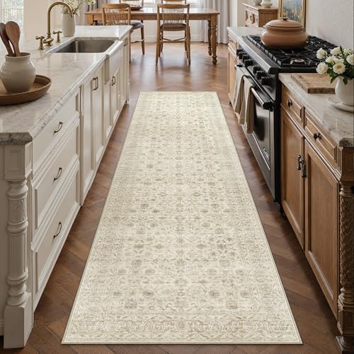 2x8 Runner Rug Machine Washable Hallway Kitchen Vintage Distressed Non Slip Carpet Indoor Small Long Low Pile Thin Beige Bedroom Bathroom Retro Accent Throw Rug Laundry Living Room 2' x 8' (