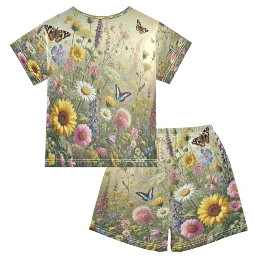 Wildflowers Butterflies Pajama Set Short Sleeve PJS 2 Piece Summer Pajamas Shorts Sets Cotton 5Y2