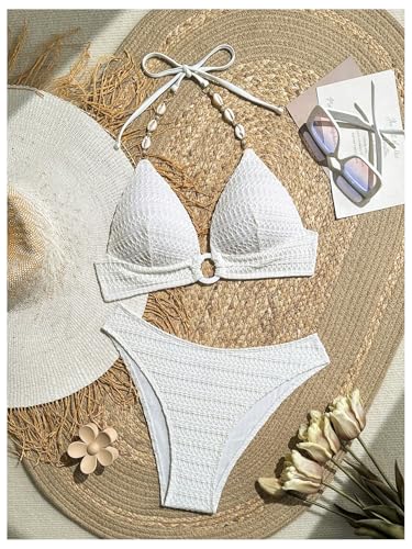 Women's 2 Piece Swimsuit Set Shell Ring Linked Push Up Bikini Textured Halter Bathing Suit3