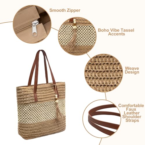 Image of Long Keeper Beach Bags for Women Summer Straw Bag with Zipper Woven Shoulder Handbag Beach Tote Bags for Travel Vacation