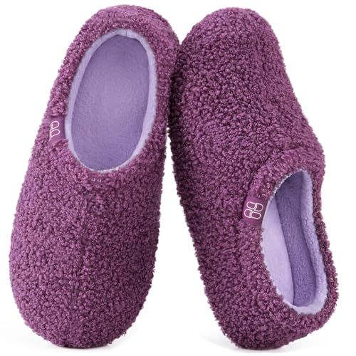 HomeTop Womens Fuzzy Curly Fur Memory Foam Loafer Slippers Bedroom House Shoes with Polar Fleece Lining (9-10 US,Chic Purple Lilac)