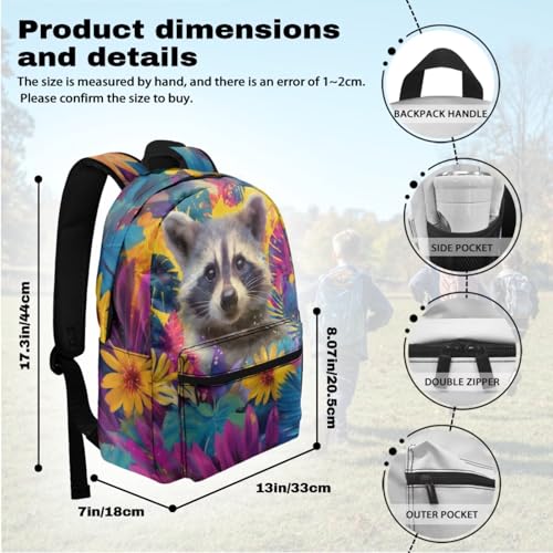 Raccoon Flowers Print Oil Painting Animal Kids Backpack Set School Bookbag with Lunch Box for Boys Girls3