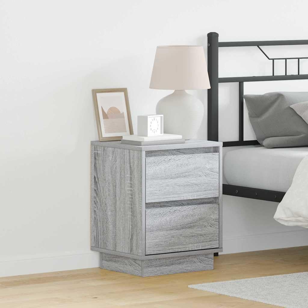 Grau Nachttisch aus Holzwerkstoff mit 2 Schubladen, USB Anschluss und LED Licht, 39 x 34,5 x 50 cm, für Schlafzimmer, Wohnzimmer, Flur, modern und platzsparend