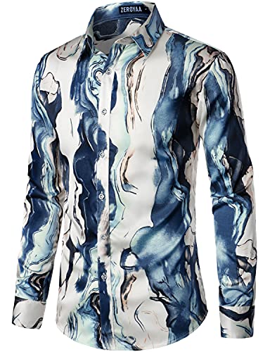 ZEROYAA Men's Hipster Printed Slim Fit Long Sleeve Button Up Satin Dress Shirts3