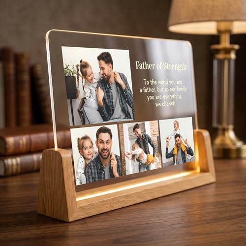 Image of Giftplease Personalized LED Photo Frame for Father with Wooden Base | Custom Photo Night Light for Dad | Engraved Acrylic Desk Decor | Birthday, Father's Day, Papa | Warm Glow