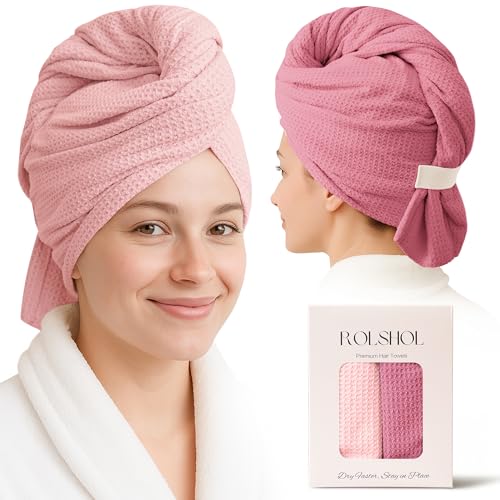 Image of ROLSHOL 2 Pack Microfiber Hair Towel Wrap for Women, 32 inch x 11 inch Waffle Weave Hair Plopping Towel for Curly, Long & Thick Hair, Anti-Frizz Hair Turbans for Wet Hair (Light Pink,Coral Pink)