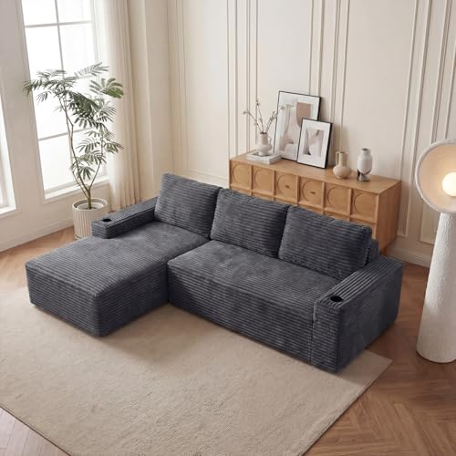 Image of 104 inch L Shaped Boneless Sectional Couches for Living Room, Comfy Corduroy Floor Cloud Sofa with Chaise and Cup Holder, Wide Armrest, Deep Seat, Assembly Free, Ideal for Small Spaces, Grey