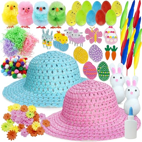 Edmirfun 2 peças Diy chapéu de páscoa, artesanato de páscoa, penas, cenouras, ovos coloridos, decorações para festas de Páscoa, presentes criativos feitos à mão para crianças (rosa e azul)