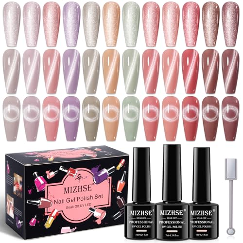 MIZHSE Cat Eye Gel Nail Polish, 12 Basic Colors Collection Velvet...