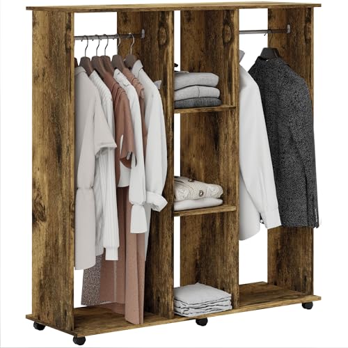HOMCOM Armoire penderie Meuble de Rangement Mobile 6 roulettes 120L x 40l x 128H cm en Bois Marron