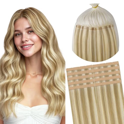 Image of GOO GOO Tape In Weft Hair Extensions Human Hair, 16 /22 Light Blonde Highlighted Golden Blonde, 8cm Wide Tape, 16inch 10pcs 50g, Tape Weft Hair Extensions, Seamless Tape in