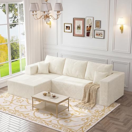 Image of 92.5 inch Modular Sectional Sofa, L-Shaped Cloud Couch with Deep Seat & Chaise, Premium Corduroy Boneless Couches for Living Room /Bedroom /Small Space,No Need Assembly,Beige(Left Facing Chaise)