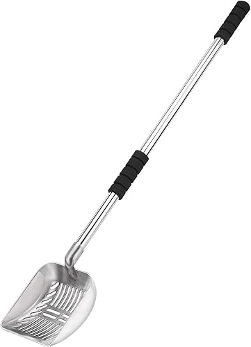 Cuchara de arena para gatos, tamiz y pala 2 en 1, cuchara de arena de mango largo, metal de aluminio con mango suave (32 pulgadas)