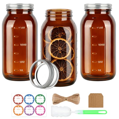 CARBLIN Half Gallon Amber Mason Jars 3Pcs 64oz Canning Container with Lids