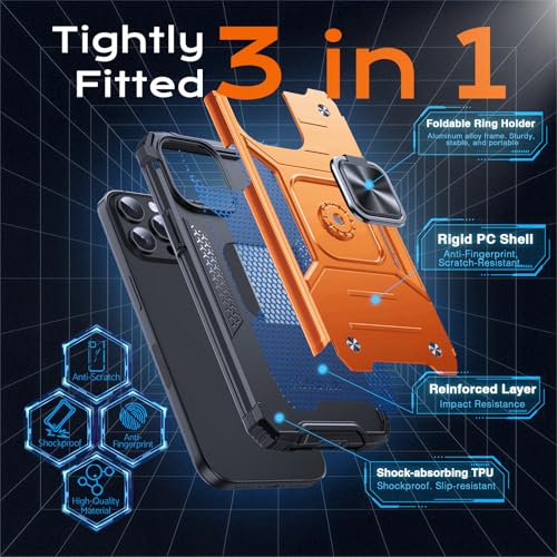 Image of Anqrp Heavy Duty Case for iPhone 15 Pro Case with Enhanced Ring Holder Grip Stand, Military Grade Shockproof Rugged Drop Protective Silicone Hard Slim iPhone 15 Pro Phone Case Cover,Orange