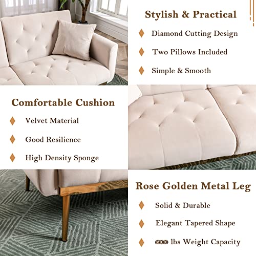 Antetek Velvet Futon Sofa Bed With 3 Adjustable Positions, Small Sleeper Sofa Loveseat With 2 Decorative Pillows, Modern Upholstered Convertible Couch With 5 Metal Tapered Legs (Beige) #TOP2